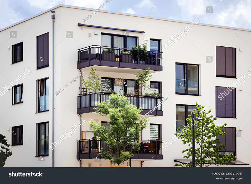 Modern multifamily apartment building with balconies, large windows, and landscaped trees.